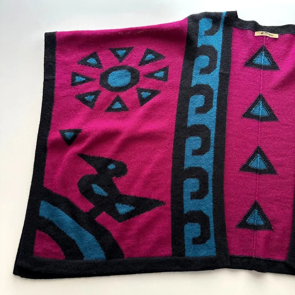 Origin Alpaca Bright‎ South American Graphic Pink Teal Knit Ruana Poncho Wrap OS